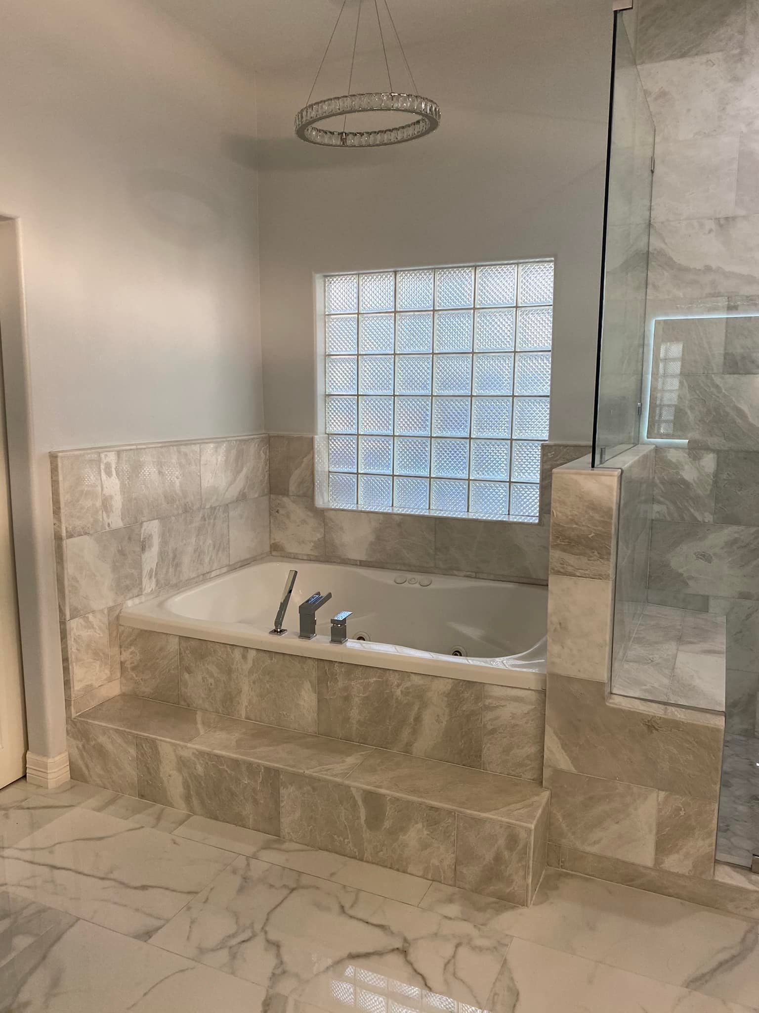 Bath Conversion — 3D Wave Tile & Glass Door photo 2