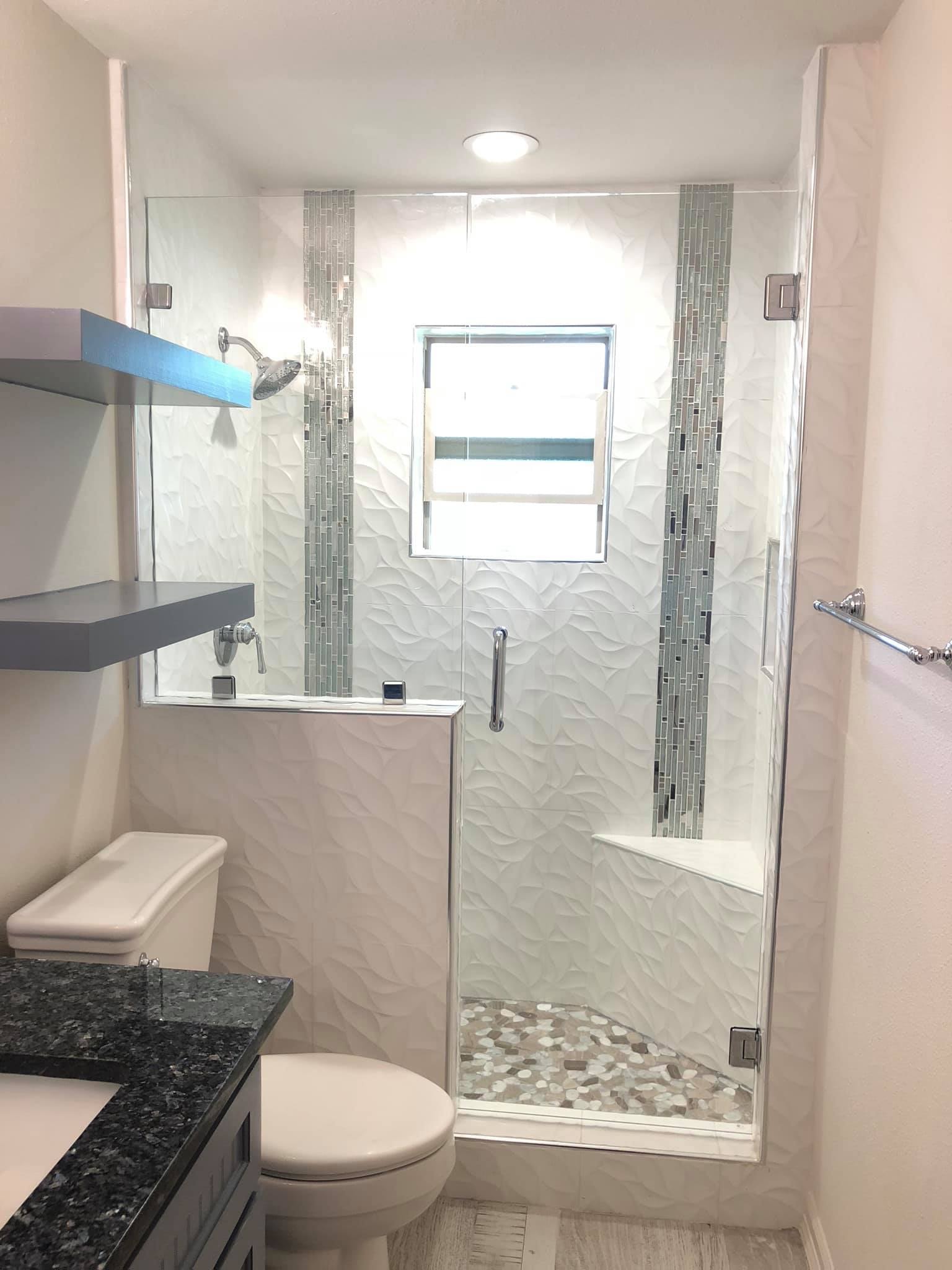 Corner Shower — White Marble & Matte Black