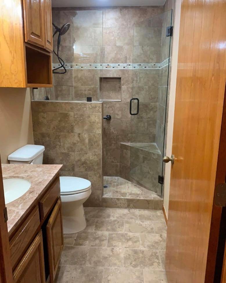 Tub-to-Shower Conversion — Travertine & Bench photo 2